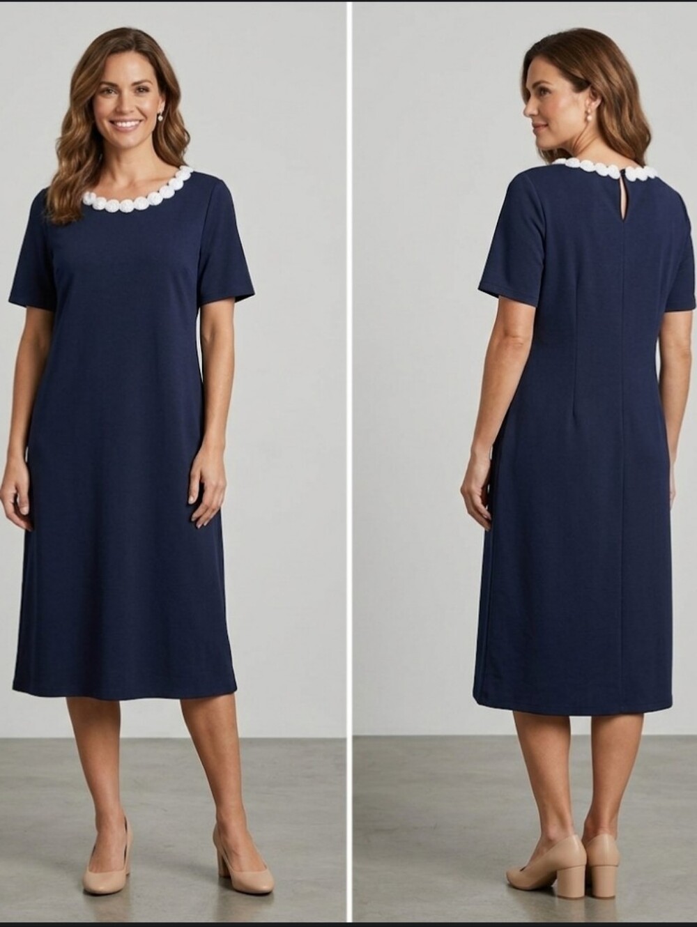 New navy blue knit a-line Dress L white rose neckline